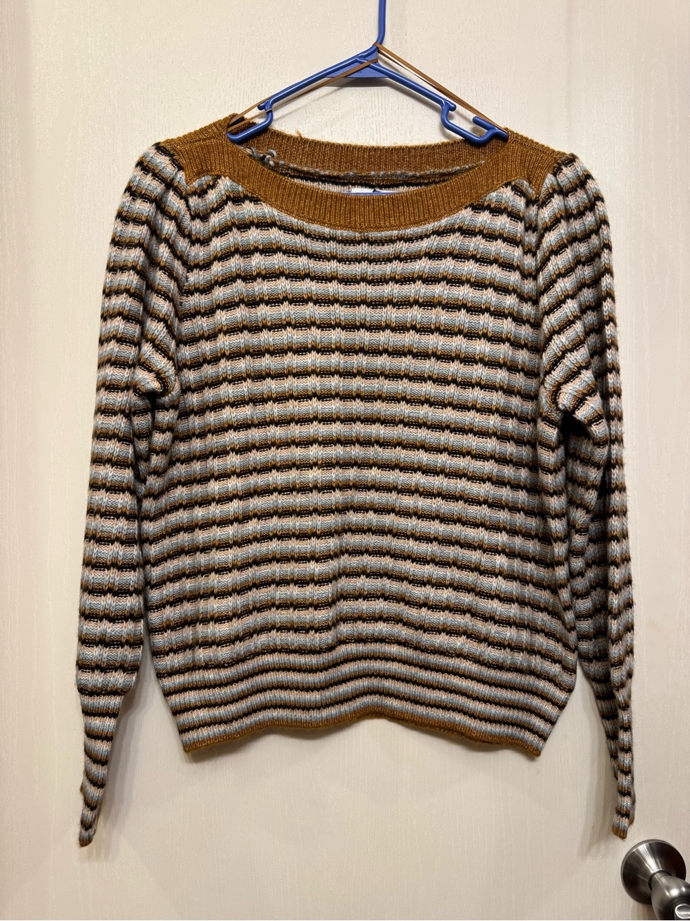 NWT Nine West Striped Textured Knit Sweater Medium Brown Blue Boat Neck